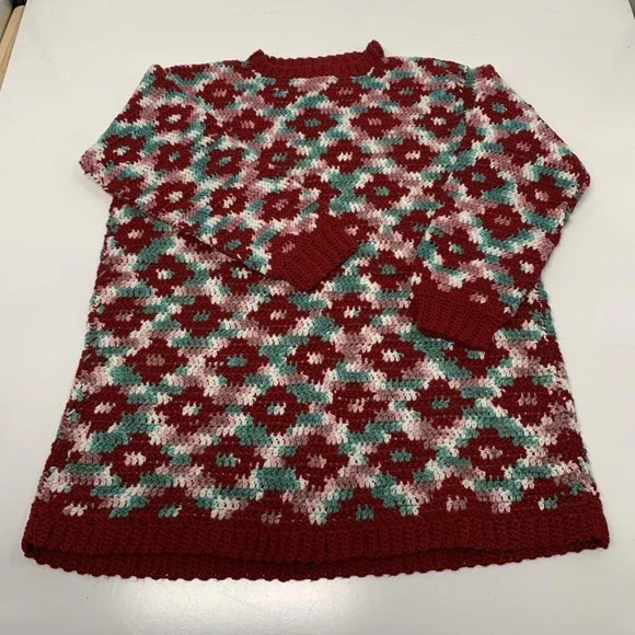 Vintage 70s Handmade Sweater Granny Geometric Multicolored 2XL Afghan Style - Picture 6 of 7